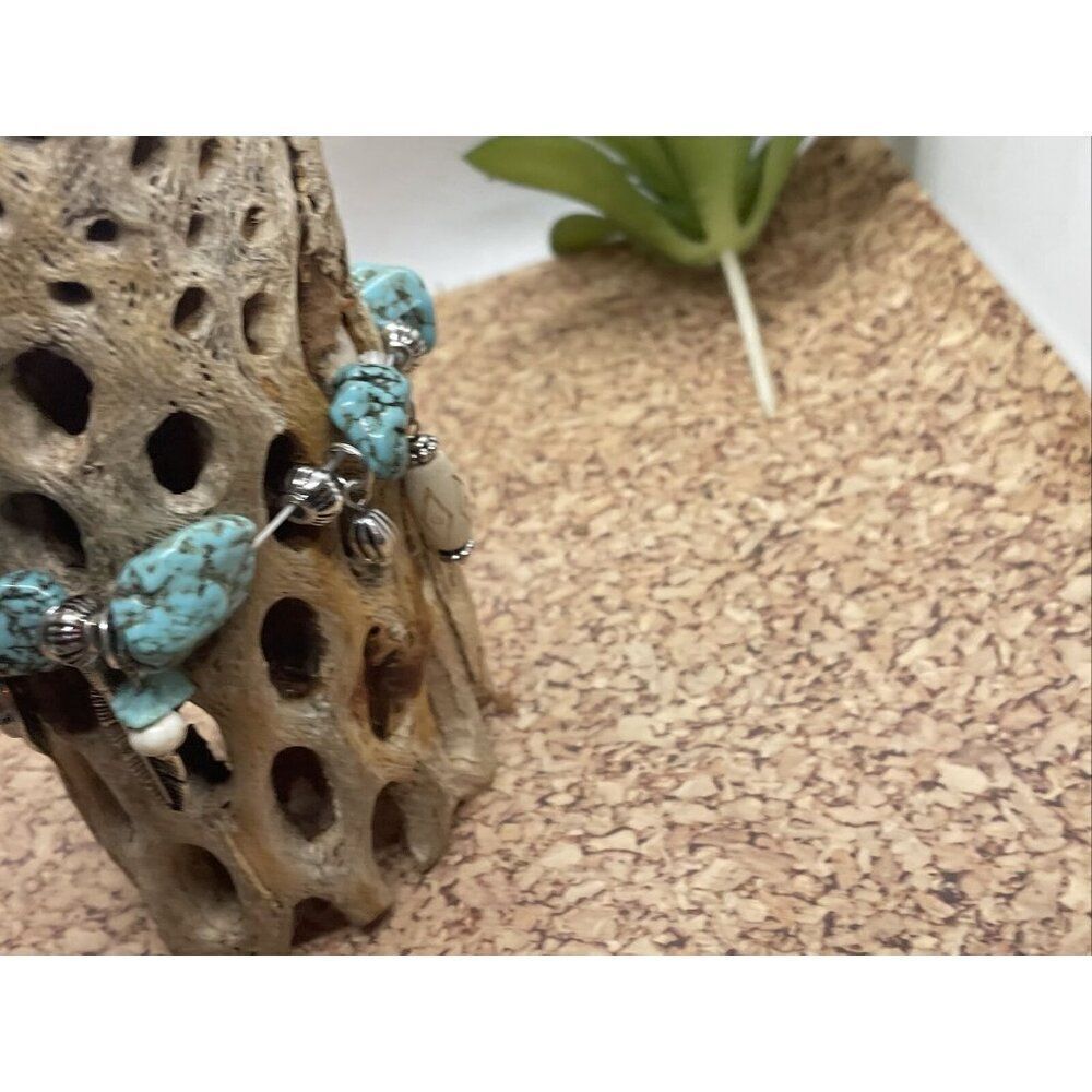 Turquoise Nugget Stretch Bracelet Feather Cactus Cow Western Bead Wood Flower - Picture 15 of 15